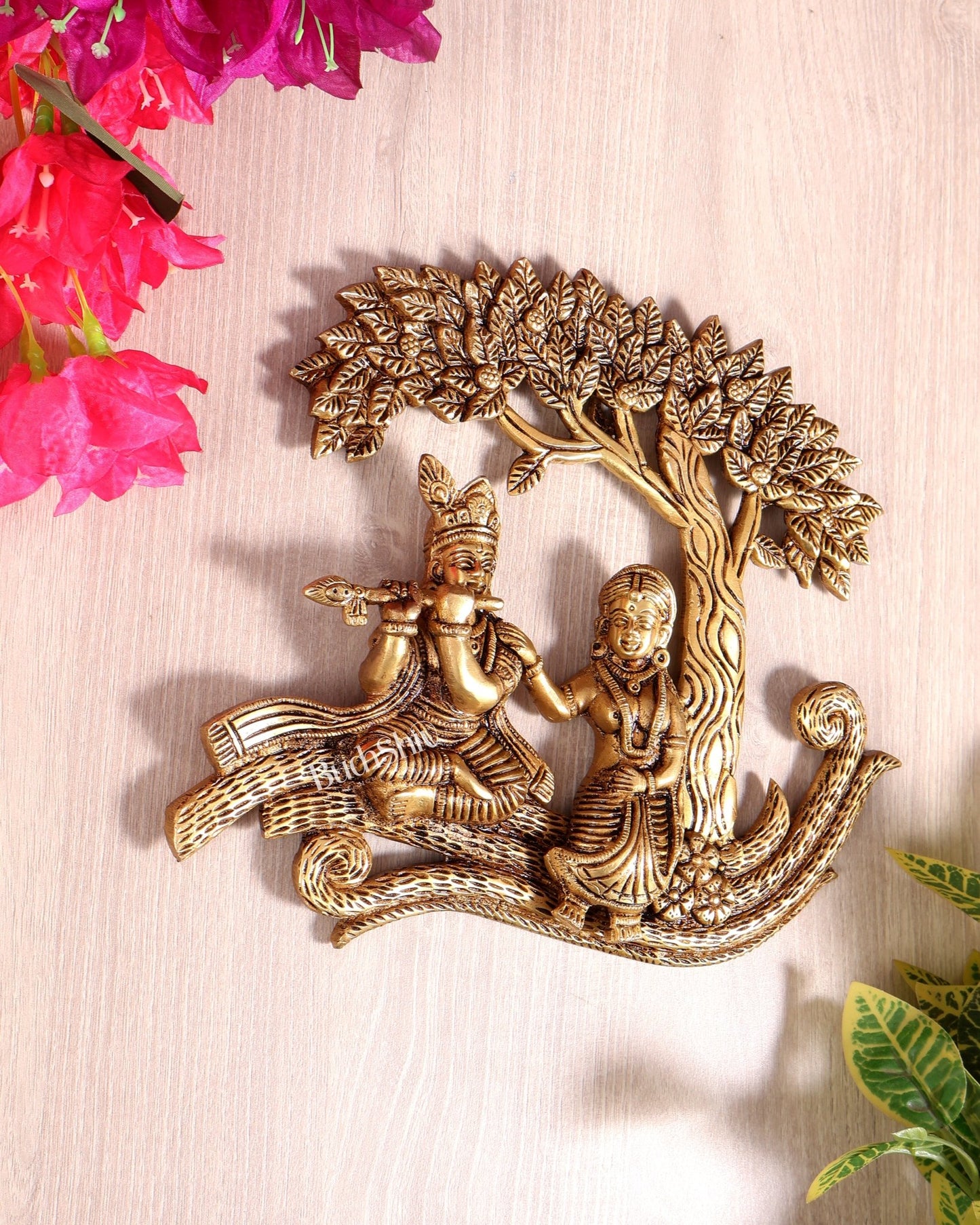 Brass Radha Krishna with Kalpavriksha Tree Wall Hanging | Pure Brass Vrindavan Wall Décor 10 inch wide - Budhshiv.com