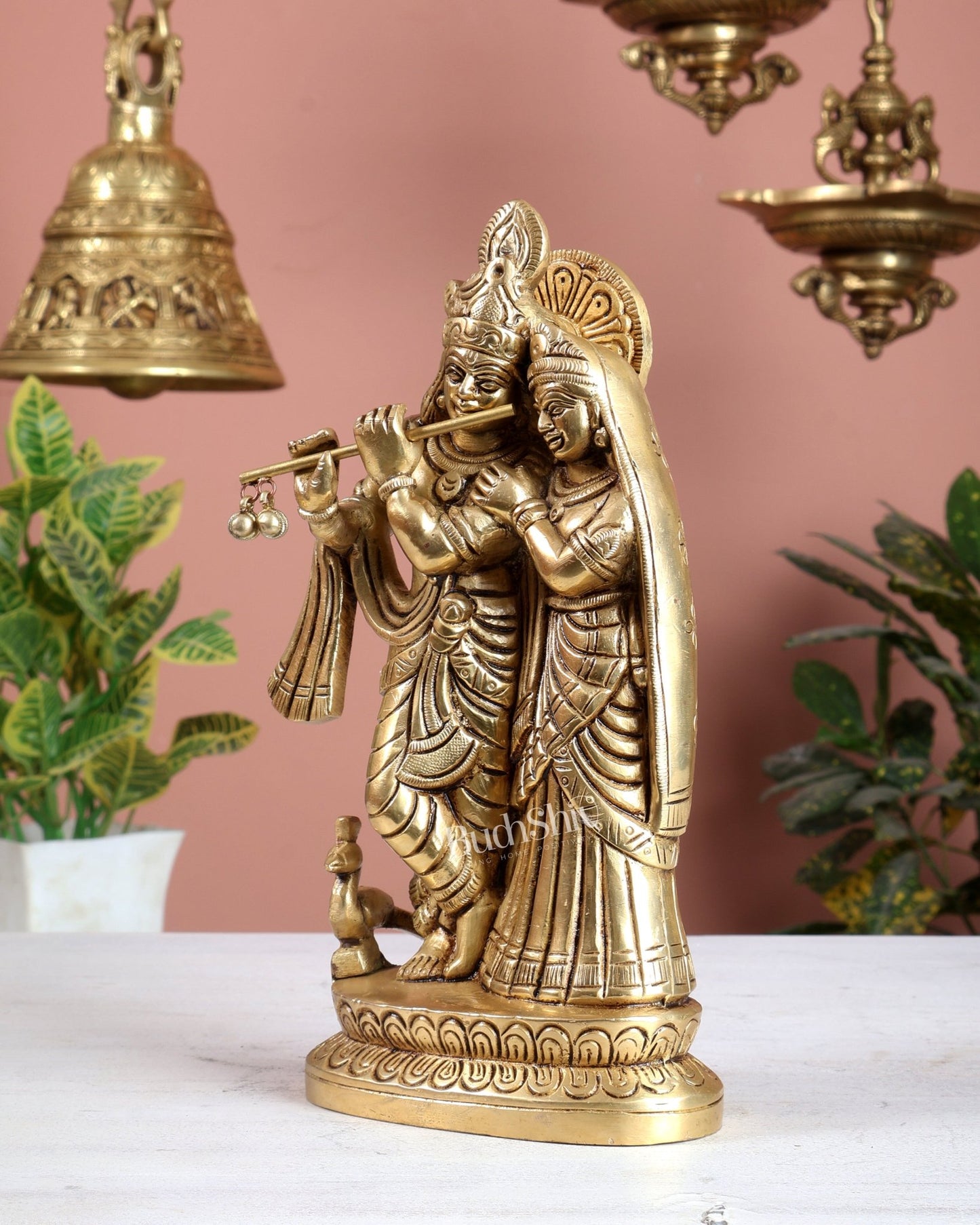 Brass Radha Krishna with Peacock Idol – Superfine Quality 8.5 inch - Budhshiv.com
