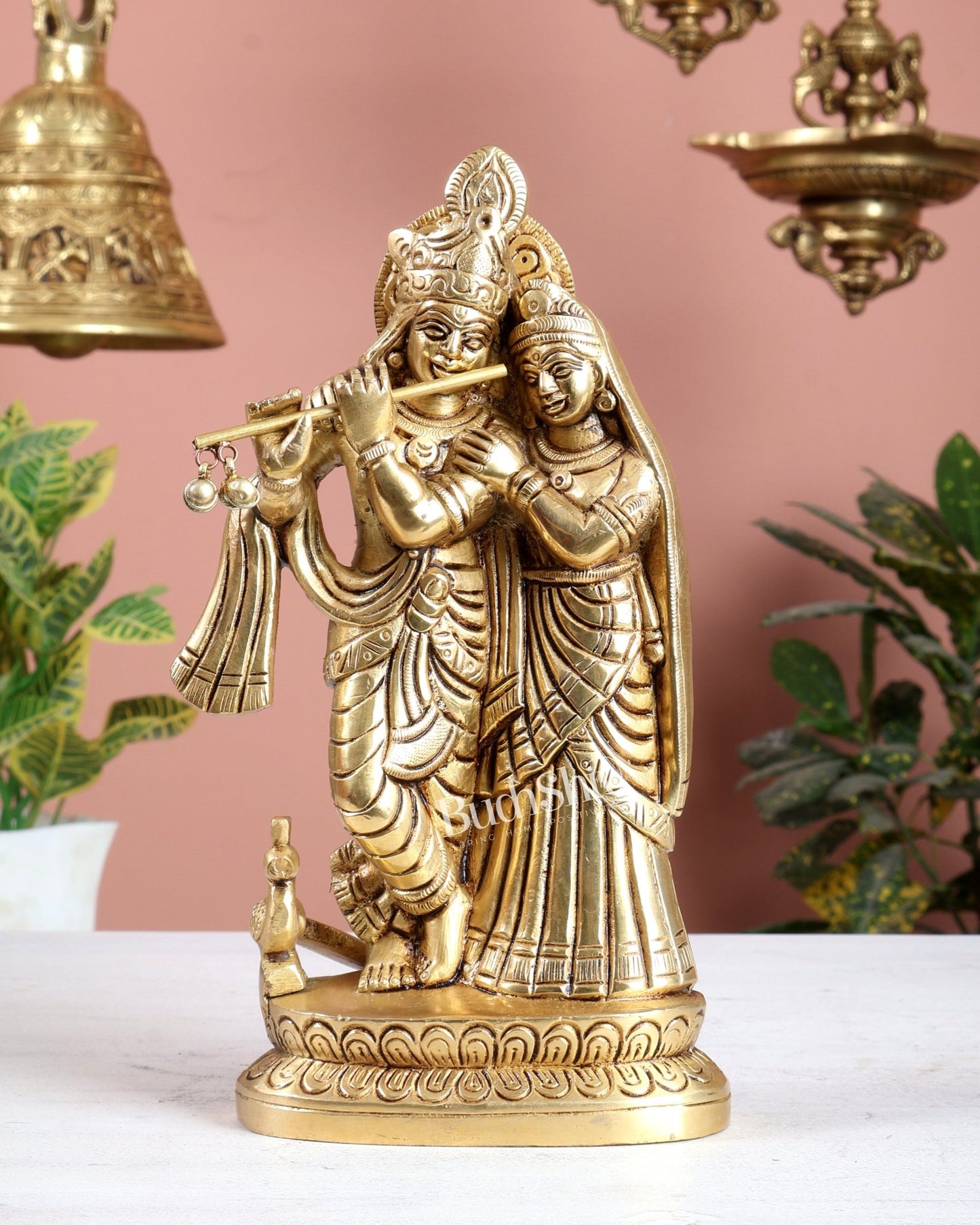 Brass Radha Krishna with Peacock Idol – Superfine Quality 8.5 inch - Budhshiv.com
