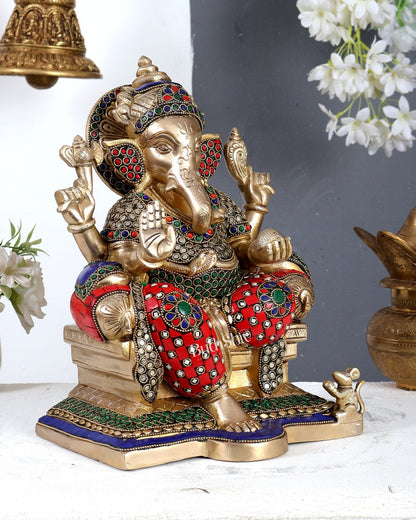 Brass Raja Ganesha on Throne Idol 12 inch Stonework - Budhshiv.com