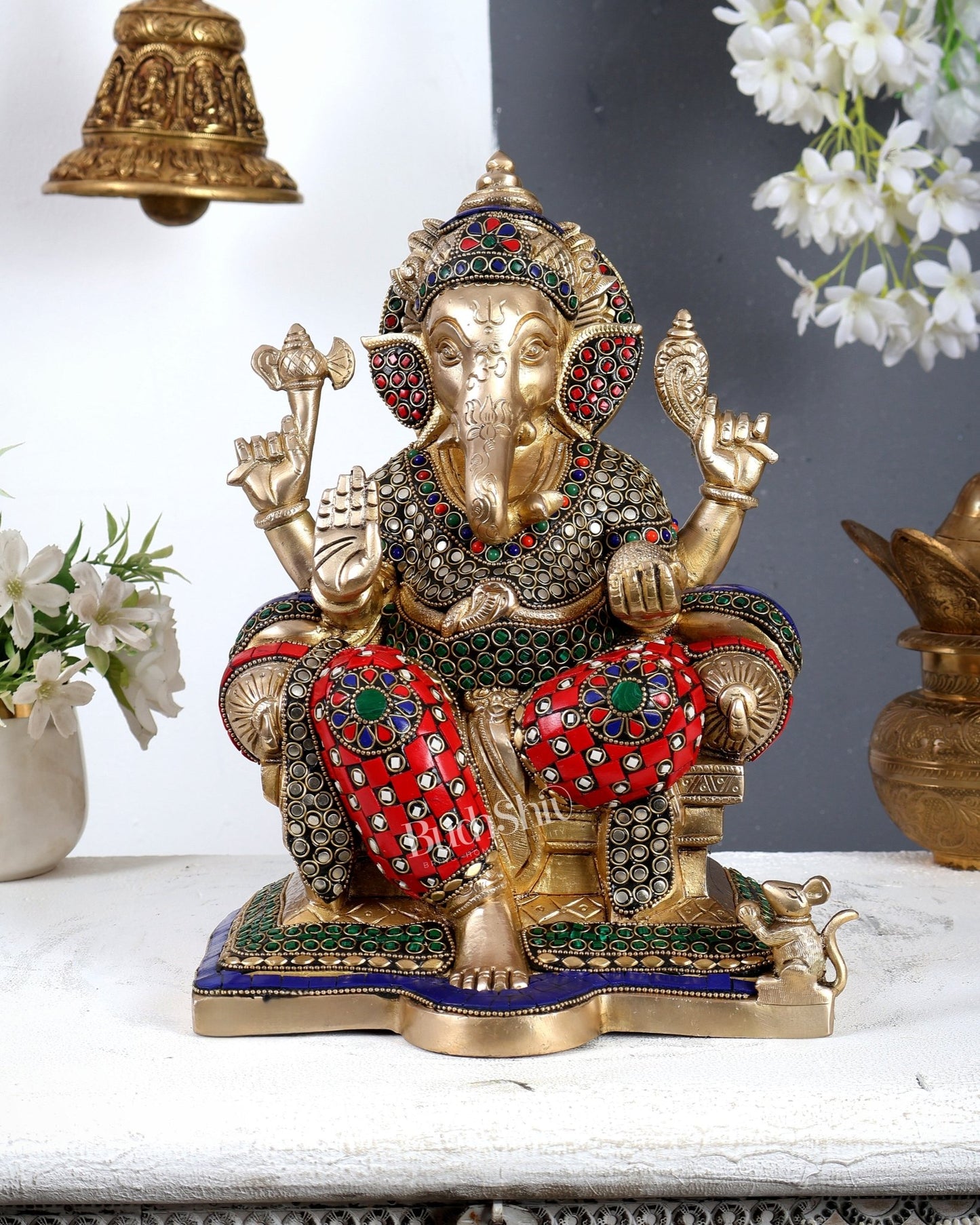Brass Raja Ganesha on Throne Idol 12 inch Stonework - Budhshiv.com