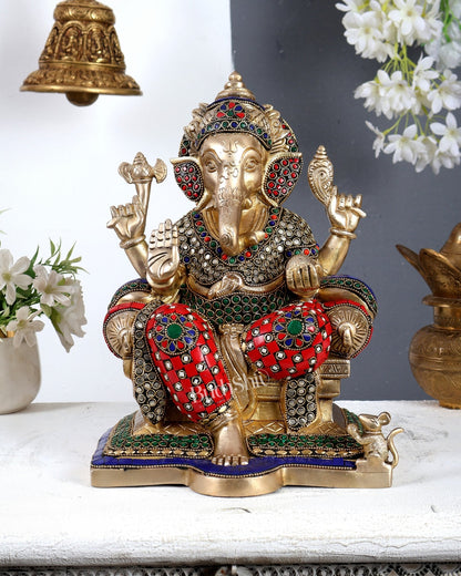 Brass Raja Ganesha on Throne Idol 12 inch Stonework - Budhshiv.com