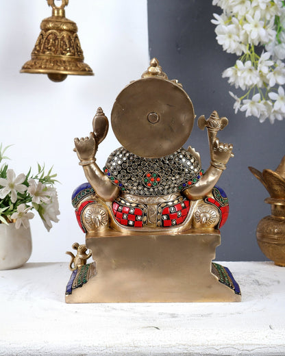 Brass Raja Ganesha on Throne Idol 12 inch Stonework - Budhshiv.com