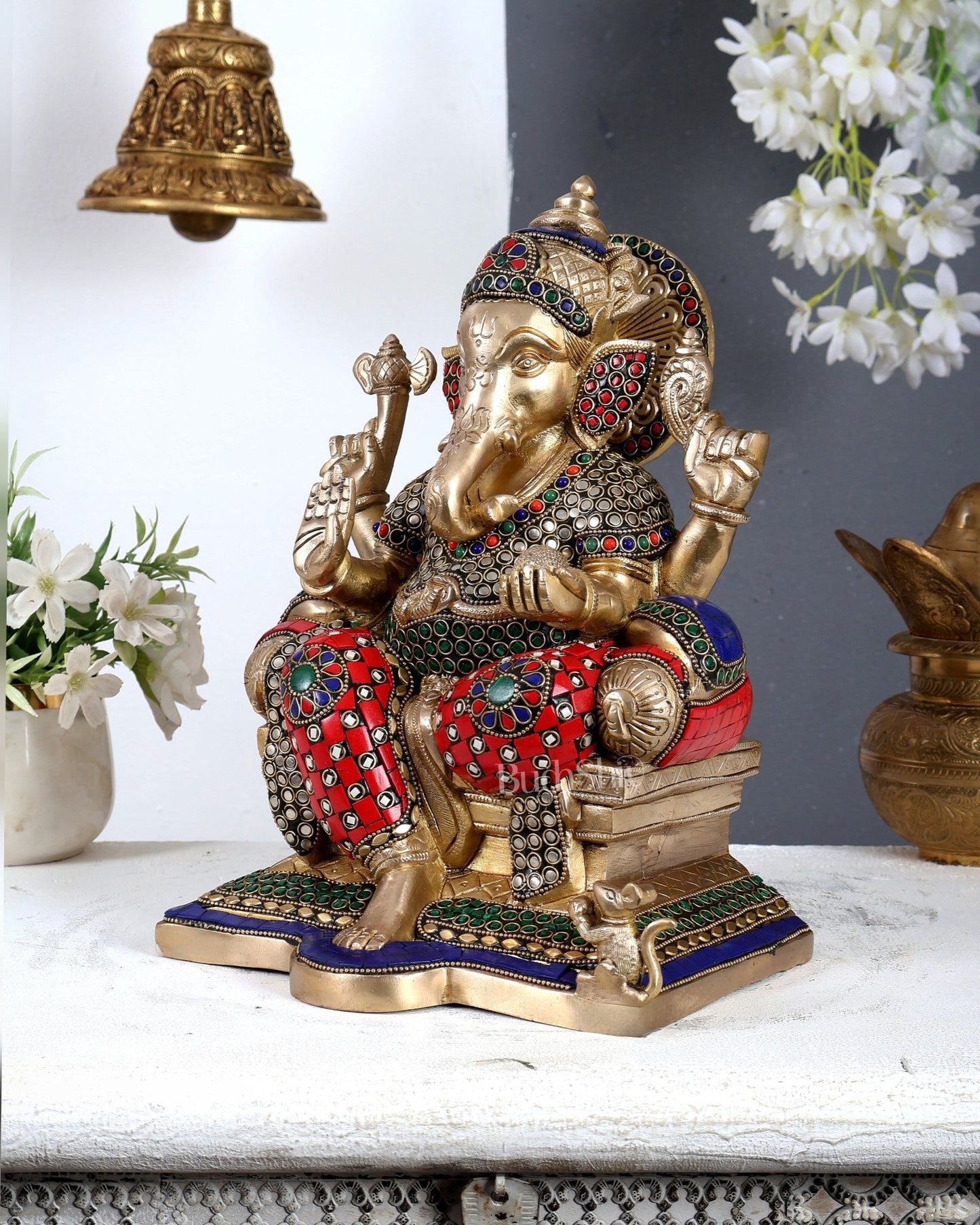 Brass Raja Ganesha on Throne Idol 12 inch Stonework - Budhshiv.com