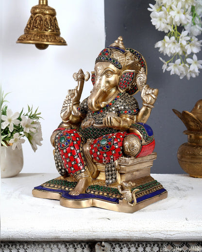 Brass Raja Ganesha on Throne Idol 12 inch Stonework - Budhshiv.com