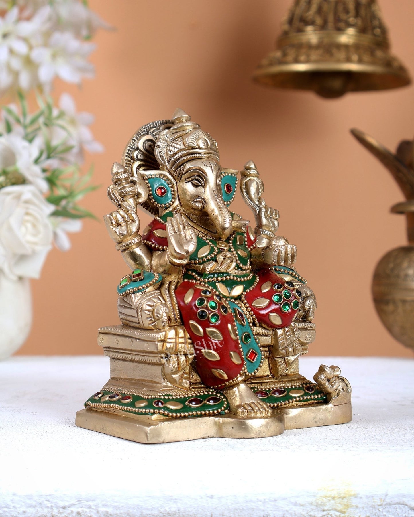 Brass Raja Ganesha on Throne Idol – Royal Handcrafted Lord Ganesha Sculpture 5.5 inch with Stonework - Budhshiv.com