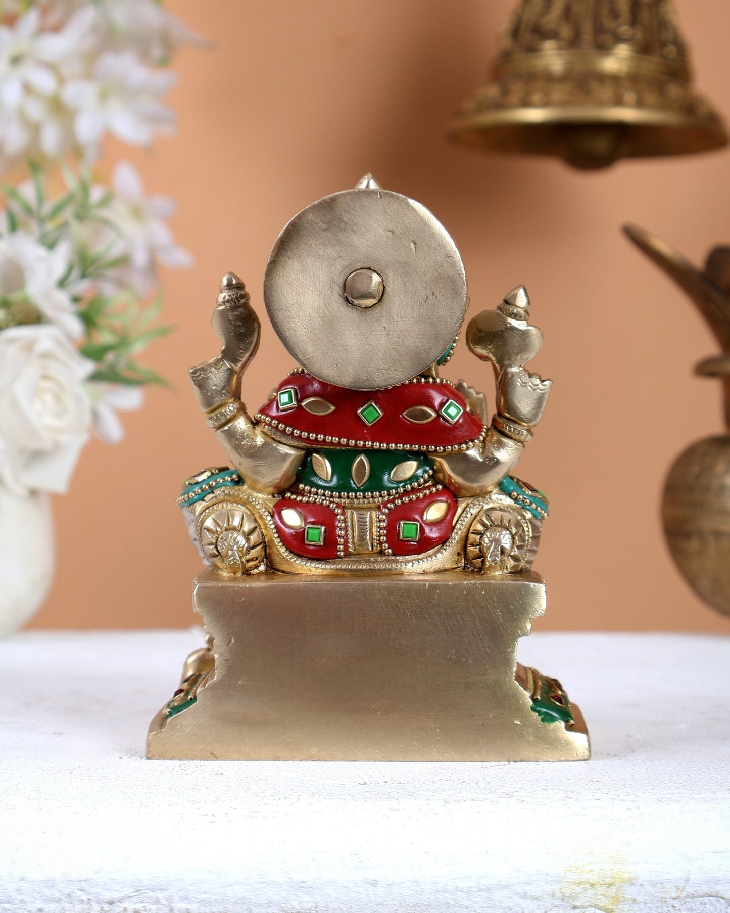 Brass Raja Ganesha on Throne Idol – Royal Handcrafted Lord Ganesha Sculpture 5.5 inch with Stonework - Budhshiv.com