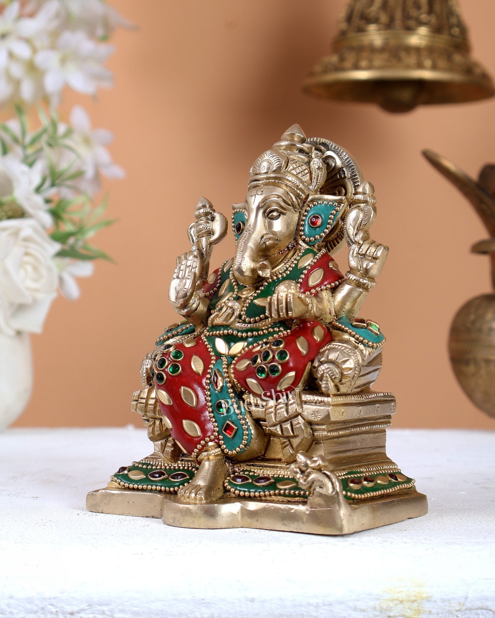 Brass Raja Ganesha on Throne Idol – Royal Handcrafted Lord Ganesha Sculpture 5.5 inch with Stonework - Budhshiv.com