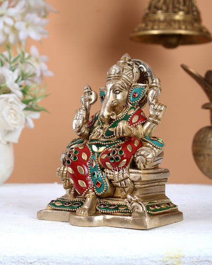 Brass Raja Ganesha on Throne Idol – Royal Handcrafted Lord Ganesha Sculpture 5.5 inch with Stonework - Budhshiv.com