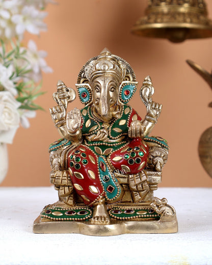 Brass Raja Ganesha on Throne Idol – Royal Handcrafted Lord Ganesha Sculpture 5.5 inch with Stonework - Budhshiv.com