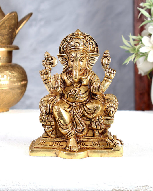 Brass Raja Ganesha on Throne Idol – Royal Handcrafted Lord Ganesha Sculpture (5.5 Inches) - Budhshiv.com