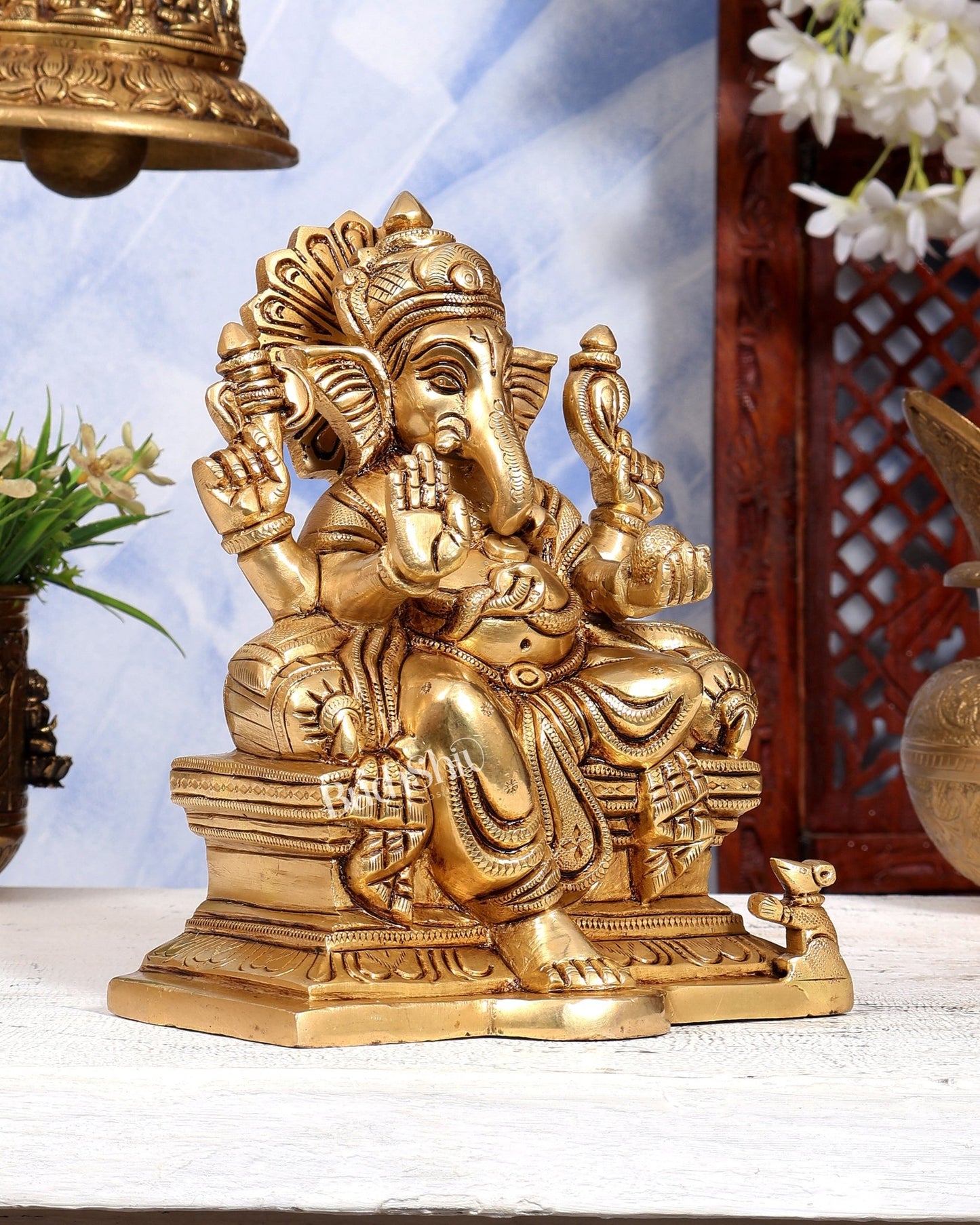 Brass Raja Ganesha on Throne Statue | Detailed Idol | Pure Brass Royal Ganesha Sculpture 8 inch - Budhshiv.com