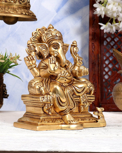 Brass Raja Ganesha on Throne Statue | Detailed Idol | Pure Brass Royal Ganesha Sculpture 8 inch - Budhshiv.com