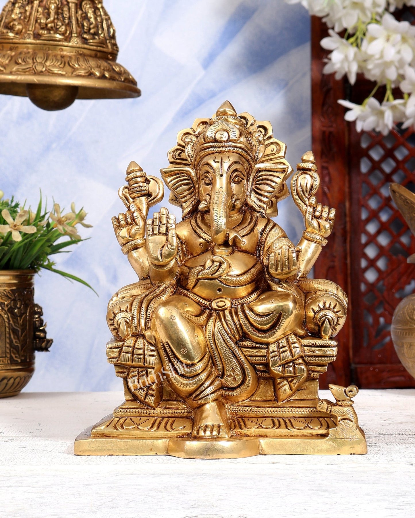 Brass Raja Ganesha on Throne Statue | Detailed Idol | Pure Brass Royal Ganesha Sculpture 8 inch - Budhshiv.com