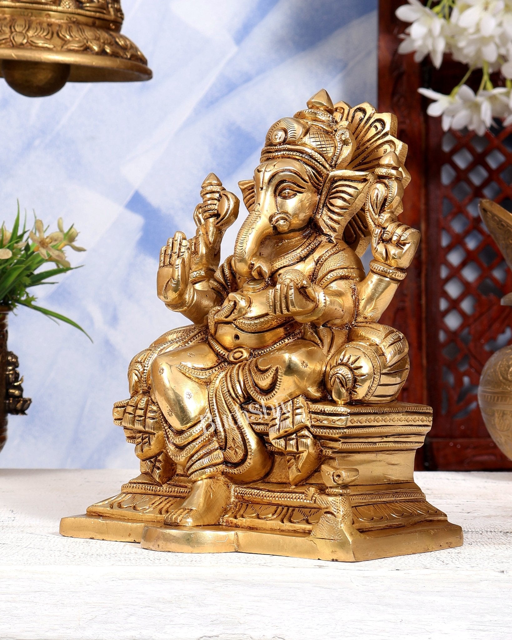 Brass Raja Ganesha on Throne Statue | Detailed Idol | Pure Brass Royal Ganesha Sculpture 8 inch - Budhshiv.com