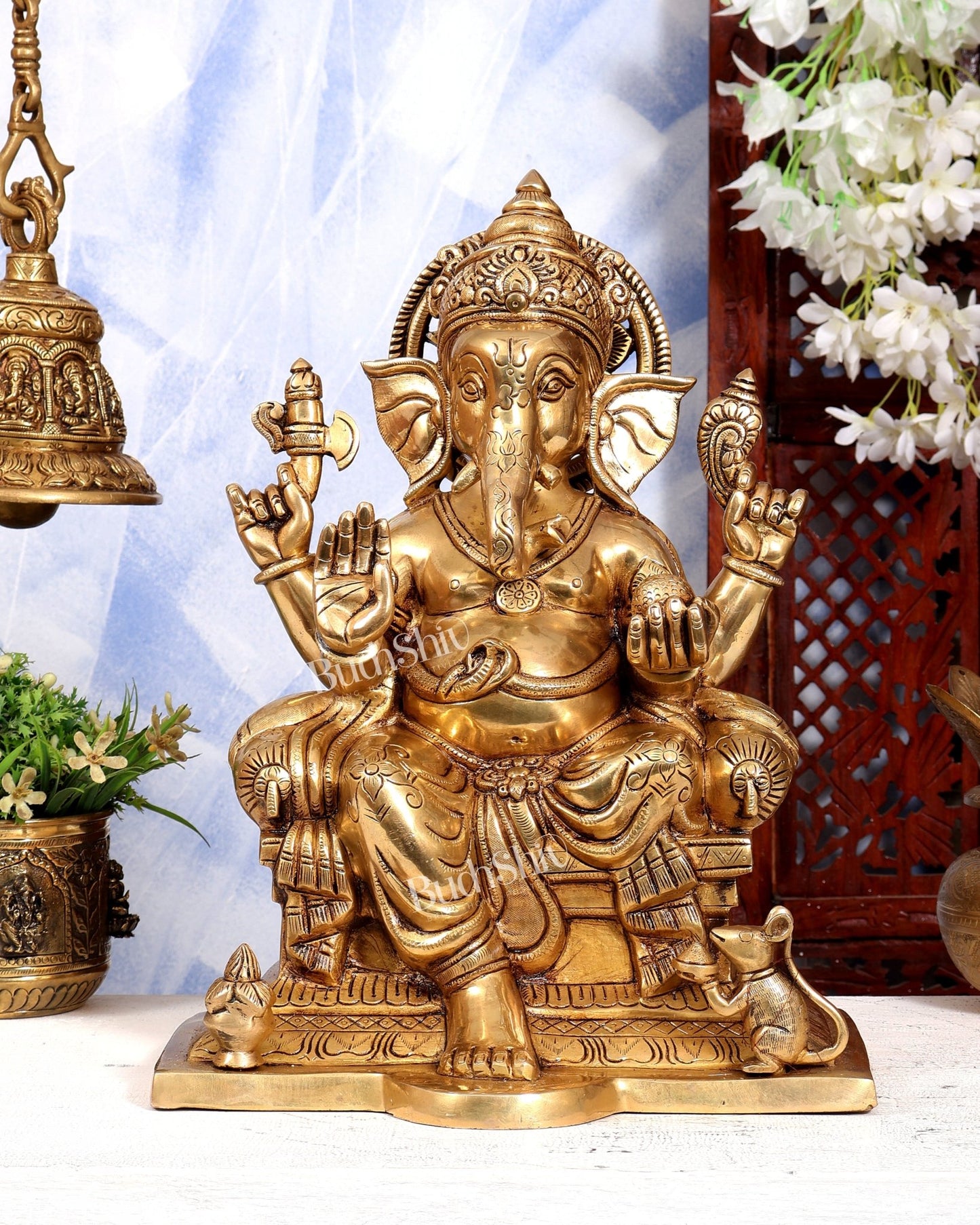 Brass Raja Ganesha on Throne Statue | Highly Detailed Large Idol | Pure Brass Royal Ganesha Sculpture 15 inch - Budhshiv.com