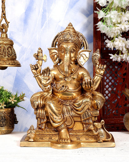 Brass Raja Ganesha on Throne Statue | Highly Detailed Large Idol | Pure Brass Royal Ganesha Sculpture 15 inch - Budhshiv.com