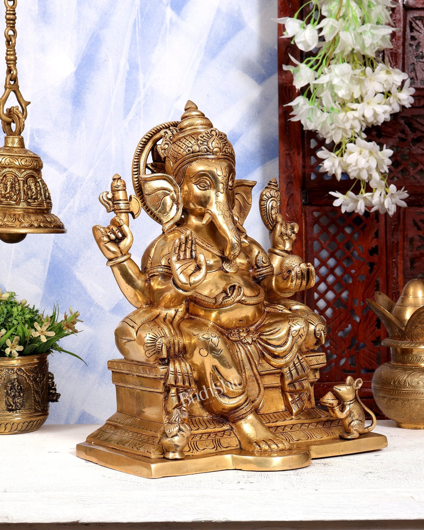 Brass Raja Ganesha on Throne Statue | Highly Detailed Large Idol | Pure Brass Royal Ganesha Sculpture 15 inch - Budhshiv.com
