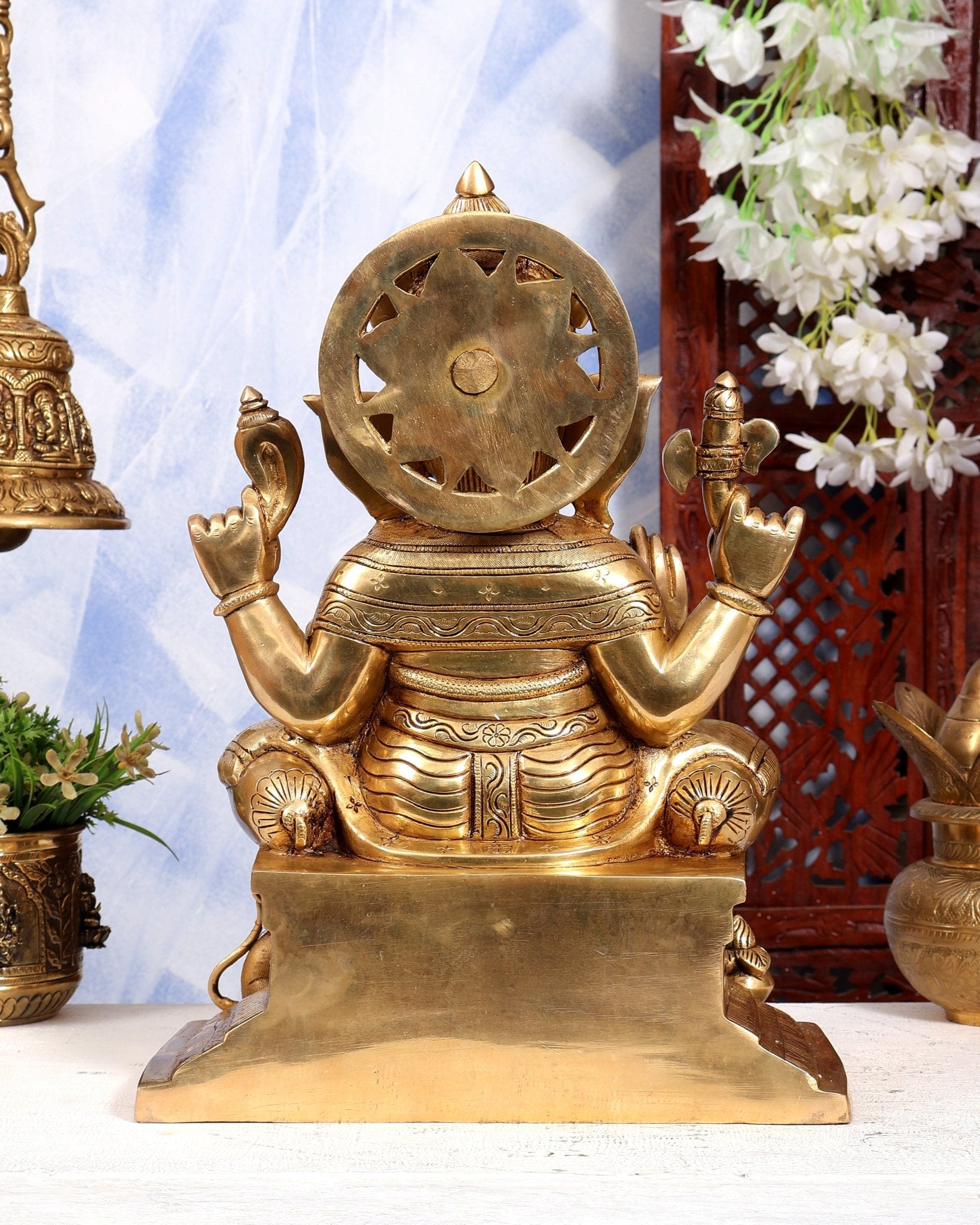 Brass Raja Ganesha on Throne Statue | Highly Detailed Large Idol | Pure Brass Royal Ganesha Sculpture 15 inch - Budhshiv.com