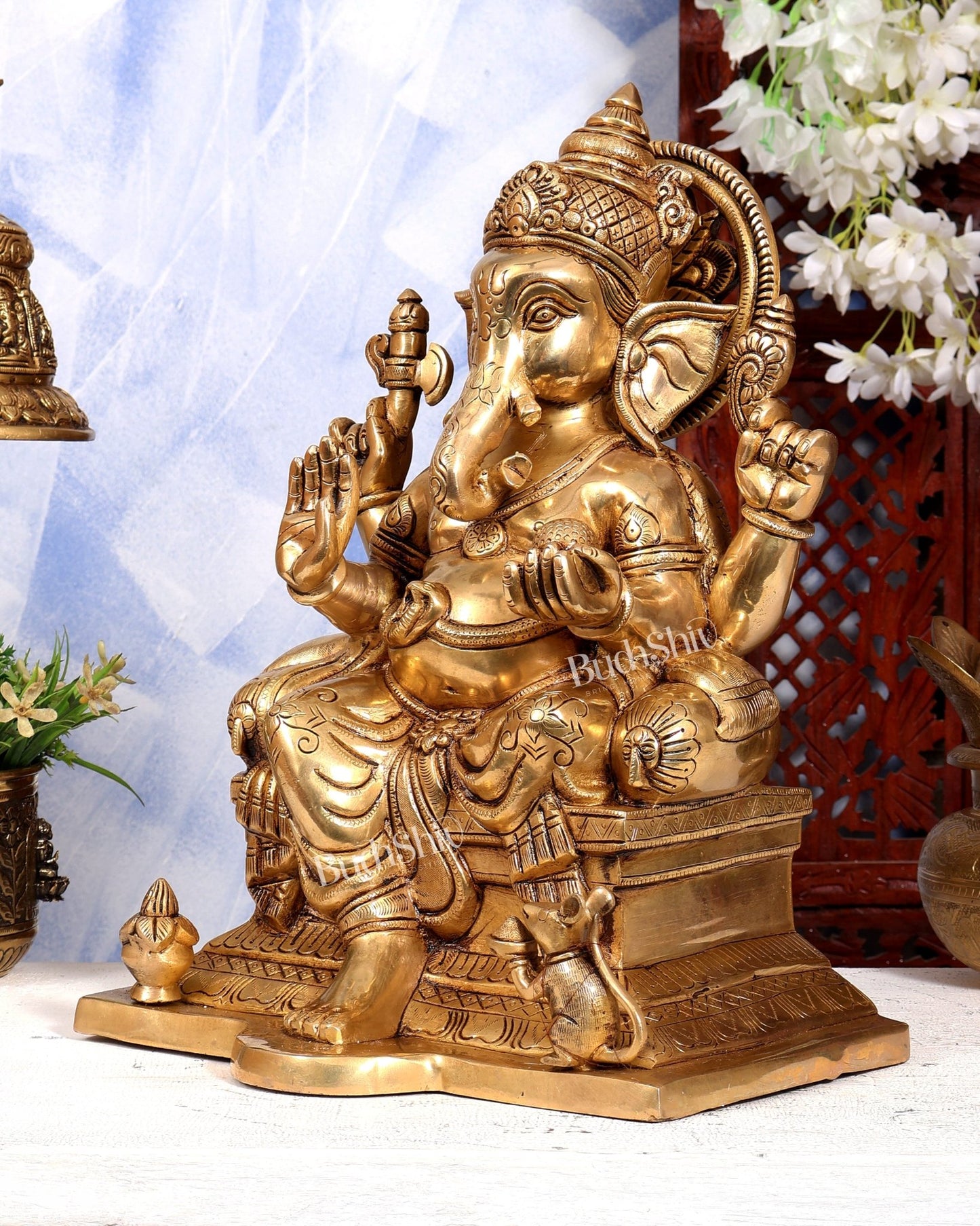 Brass Raja Ganesha on Throne Statue | Highly Detailed Large Idol | Pure Brass Royal Ganesha Sculpture 15 inch - Budhshiv.com