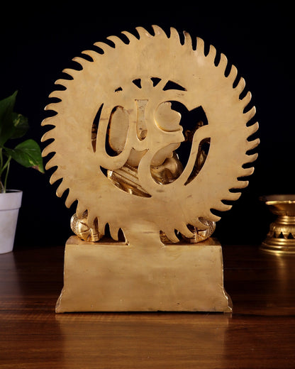 Brass Raja Ganesha Seated on Throne with Om Gayatri Mantra Prabhavali 10 inch - Budhshiv.com