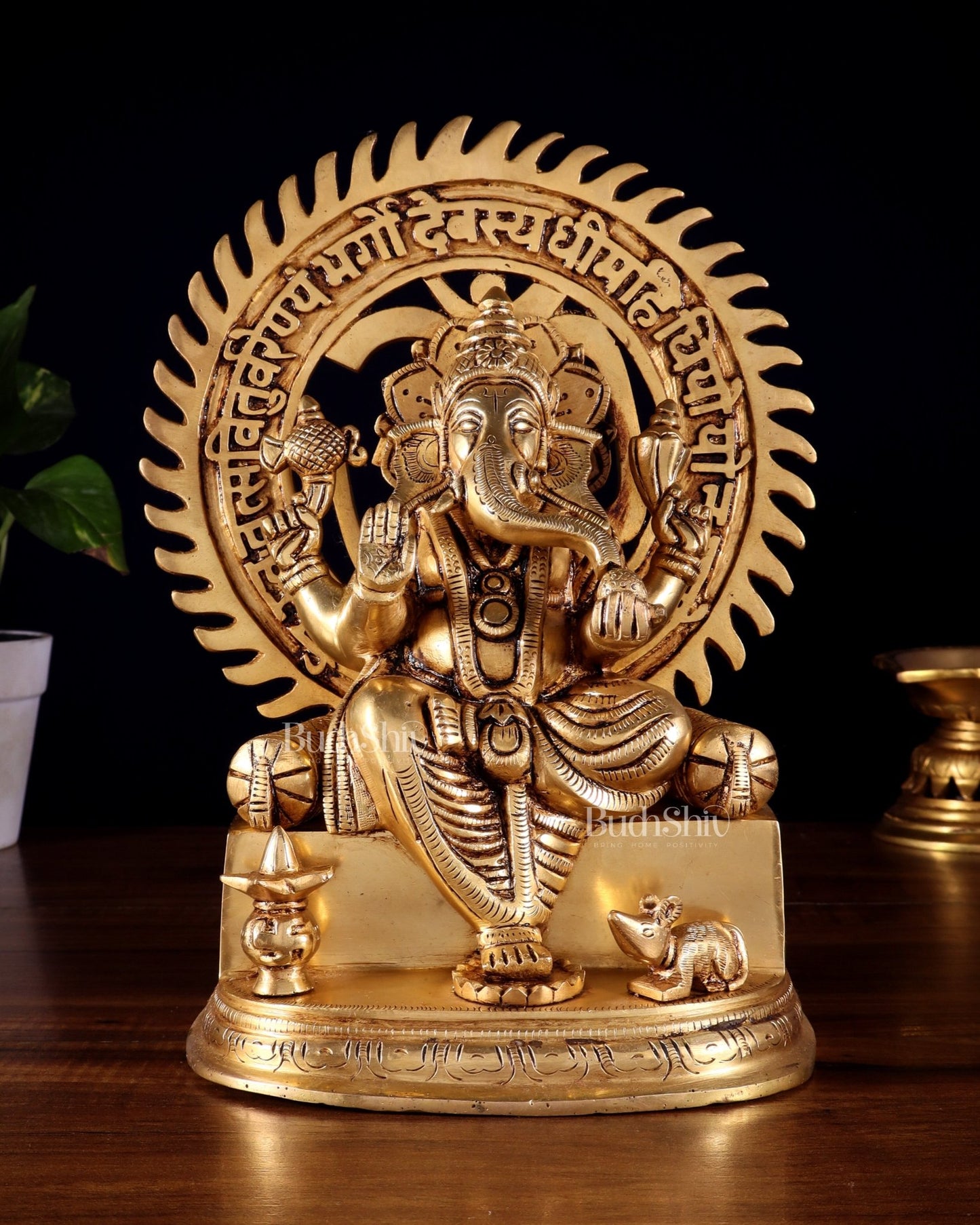 Brass Raja Ganesha Seated on Throne with Om Gayatri Mantra Prabhavali 10 inch - Budhshiv.com