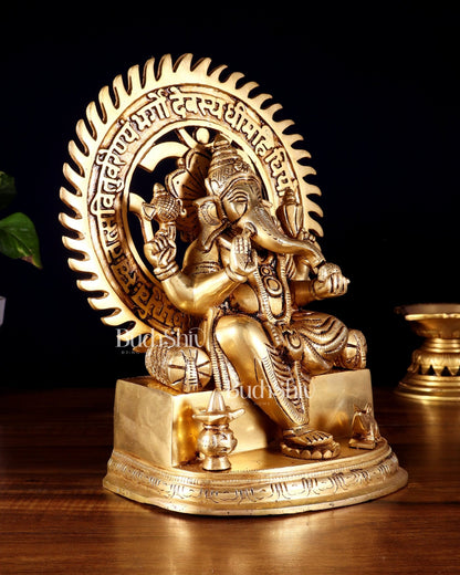 Brass Raja Ganesha Seated on Throne with Om Gayatri Mantra Prabhavali 10 inch - Budhshiv.com