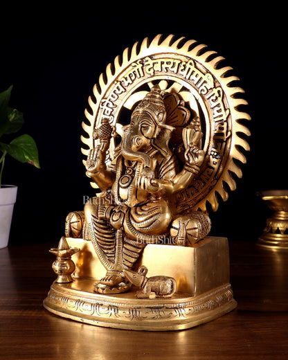 Brass Raja Ganesha Seated on Throne with Om Gayatri Mantra Prabhavali 10 inch - Budhshiv.com