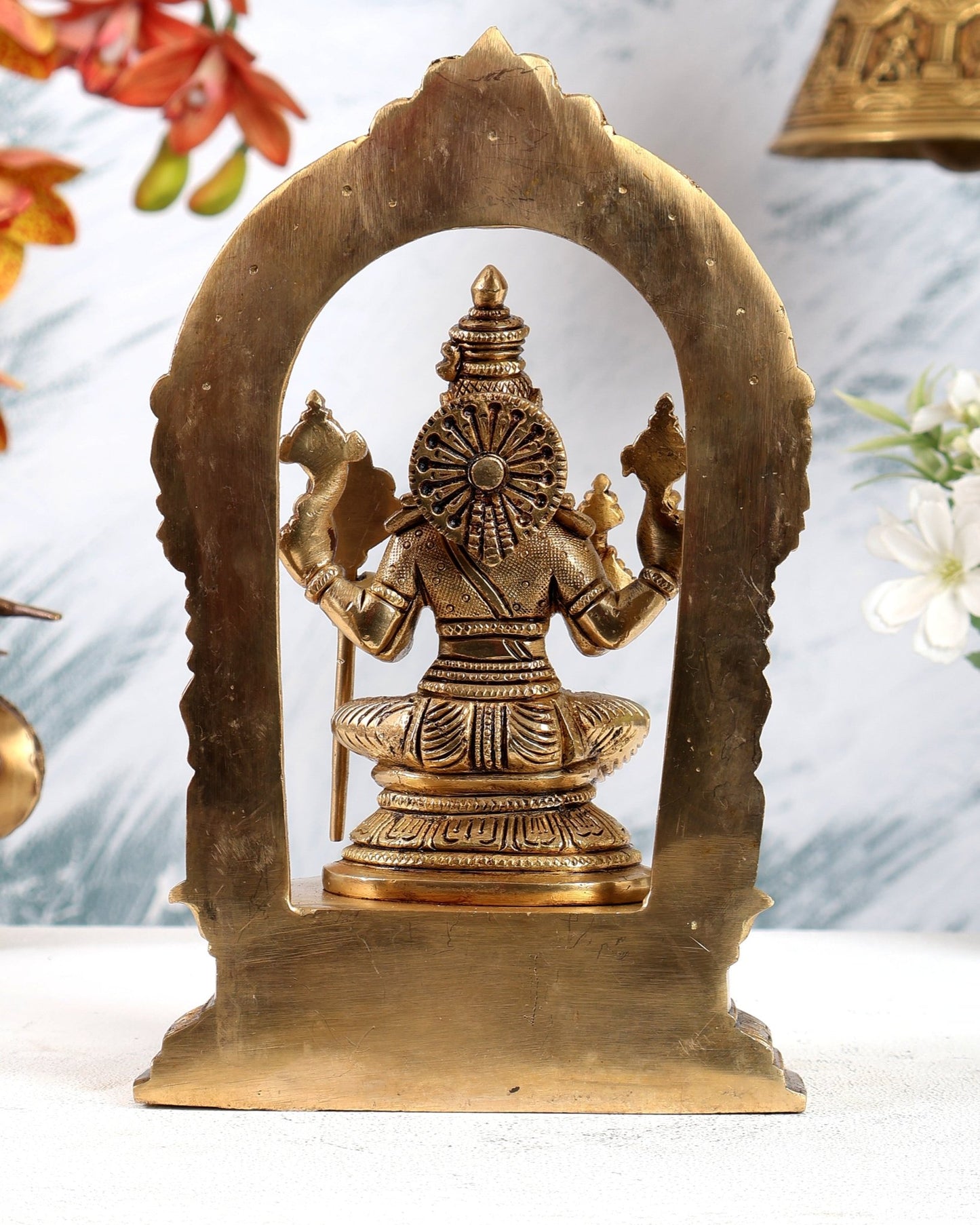 Brass Rajarajeshwari Lalita Devi Tripura Sundari Idol with Prabhavali – Highly Detailed Smiling Face Statue (9 Inches) - Budhshiv.com