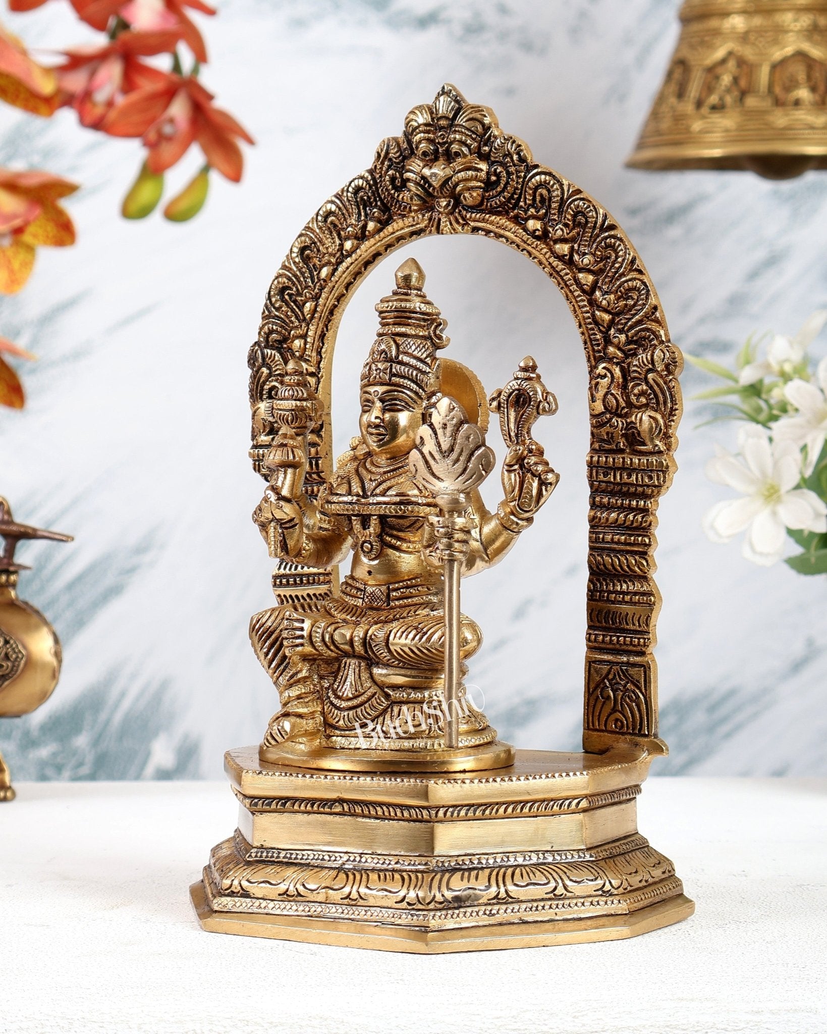 Brass Rajarajeshwari Lalita Devi Tripura Sundari Idol with Prabhavali – Highly Detailed Smiling Face Statue (9 Inches) - Budhshiv.com