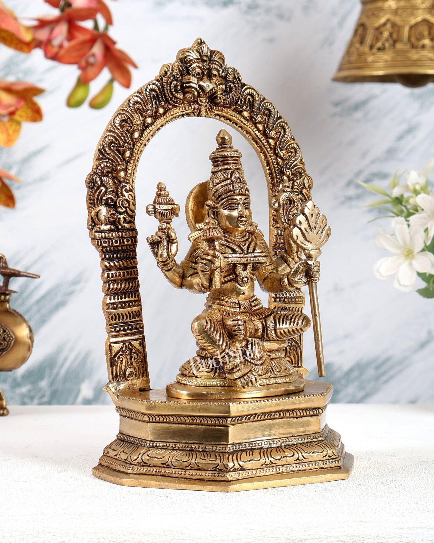 Brass Rajarajeshwari Lalita Devi Tripura Sundari Idol with Prabhavali – Highly Detailed Smiling Face Statue (9 Inches) - Budhshiv.com
