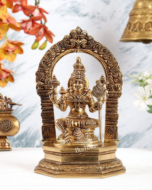 Brass Rajarajeshwari Lalita Devi Tripura Sundari Idol with Prabhavali – Highly Detailed Smiling Face Statue (9 Inches) - Budhshiv.com