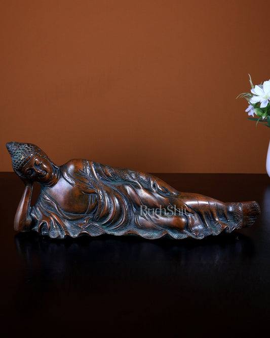 Brass Reclining Buddha Statue | Antique Bronze Finish 12 inch - Budhshiv.com