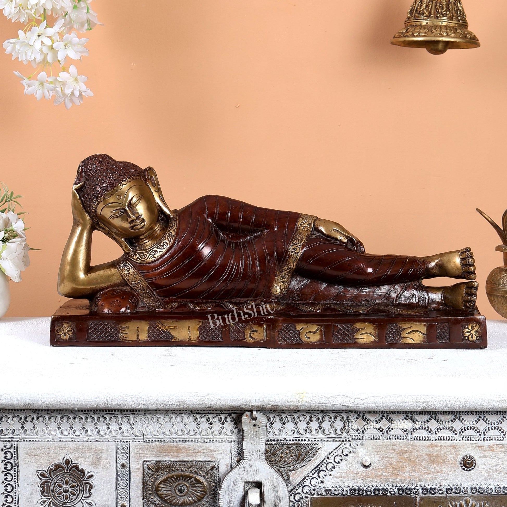Brass Reclining sleeping Buddha Sculpture in Unique Dual Tone 20 inch - Budhshiv.com