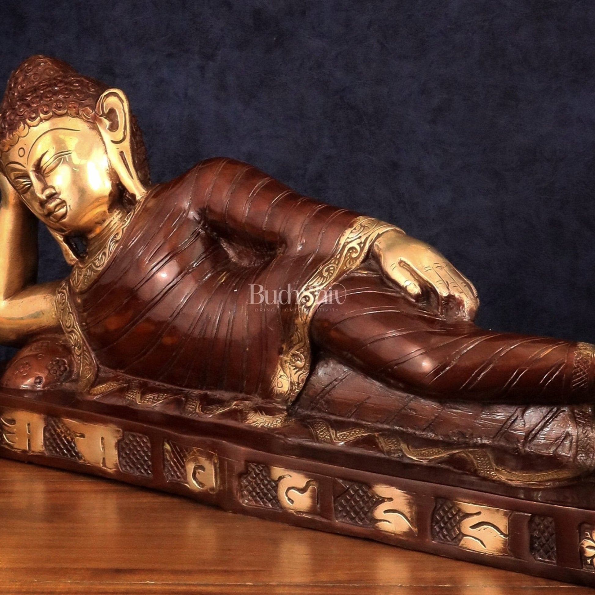 Brass Reclining sleeping Buddha Sculpture in Unique Dual Tone 20 inch - Budhshiv.com