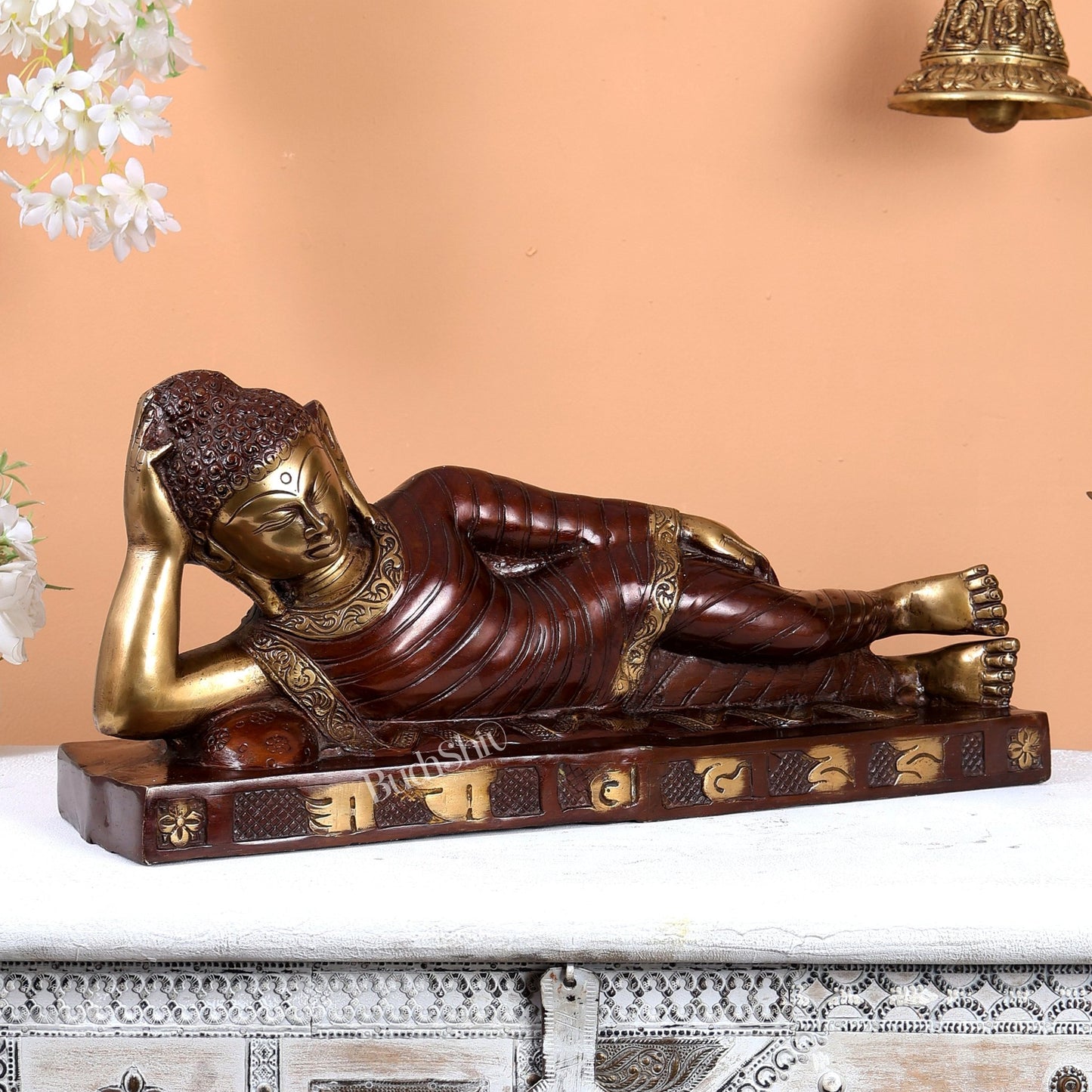 Brass Reclining sleeping Buddha Sculpture in Unique Dual Tone 20 inch - Budhshiv.com