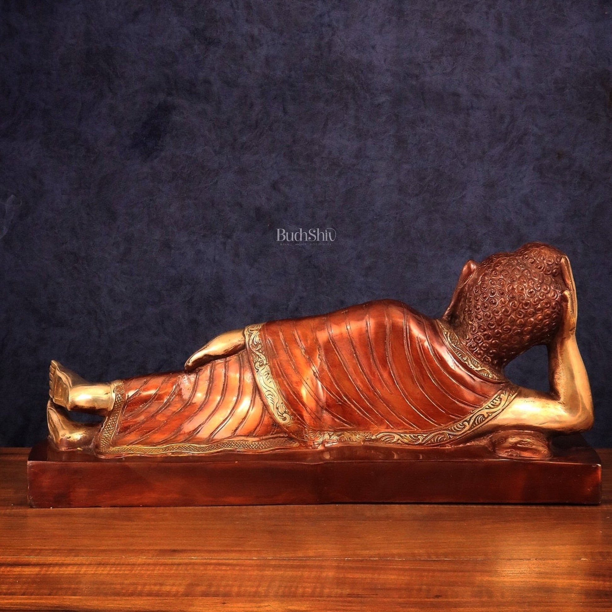Brass Reclining sleeping Buddha Sculpture in Unique Dual Tone 20 inch - Budhshiv.com