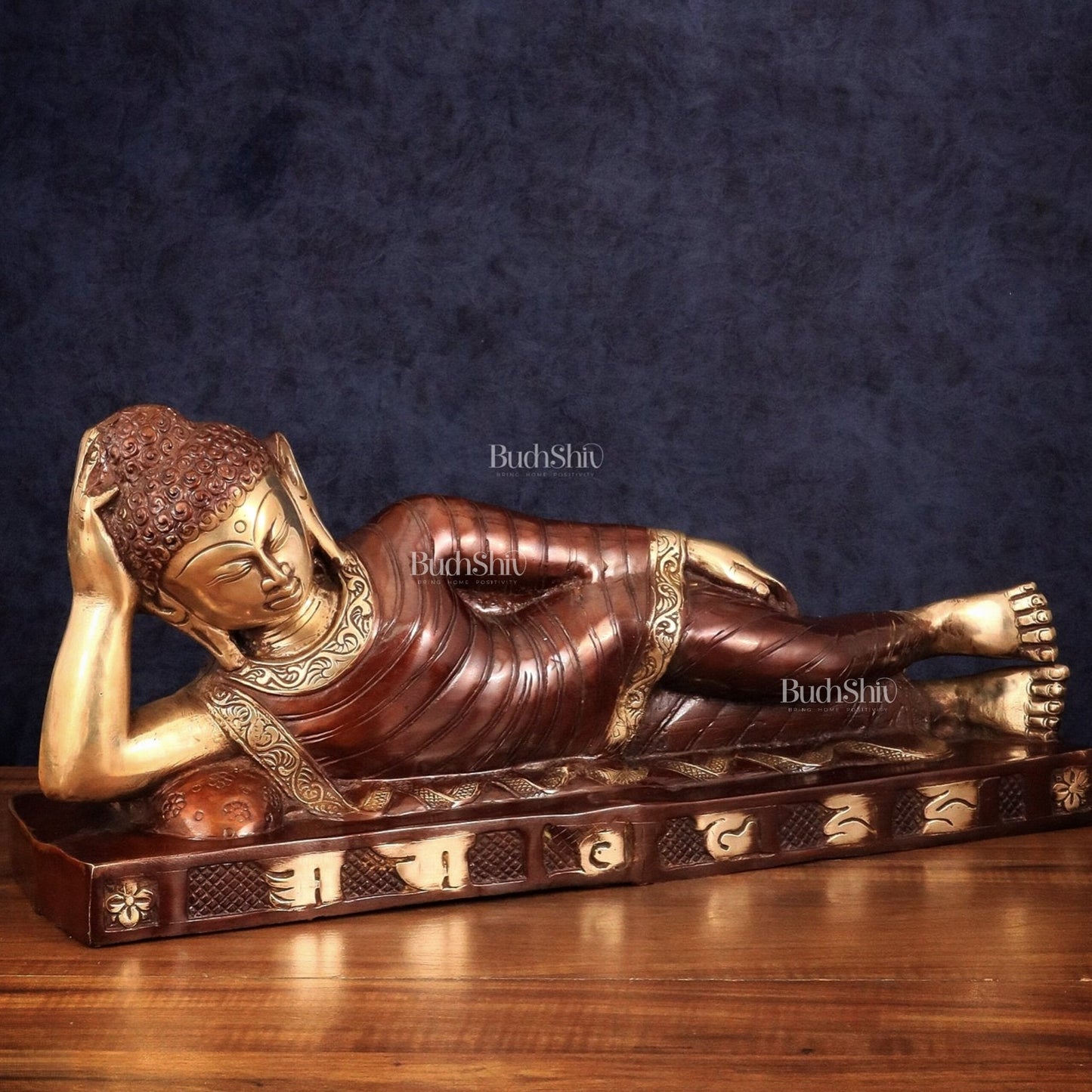 Brass Reclining sleeping Buddha Sculpture in Unique Dual Tone 20 inch - Budhshiv.com