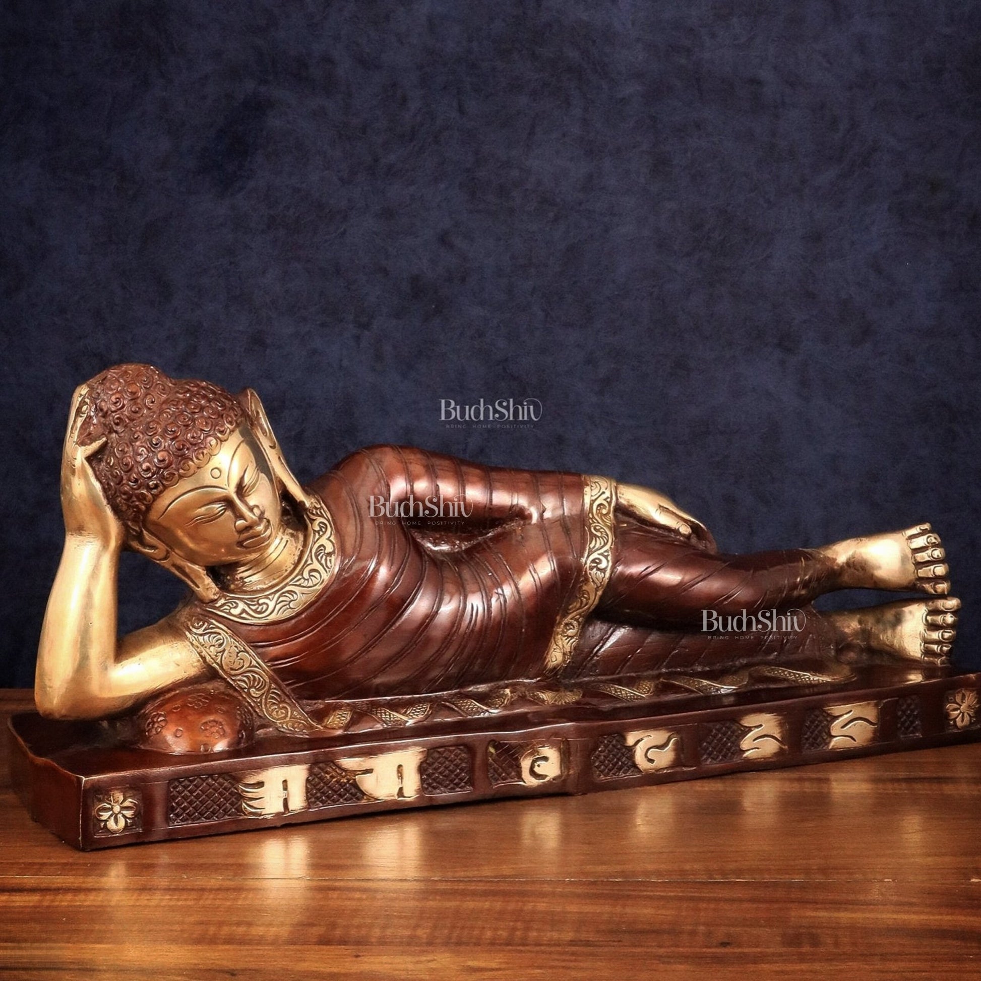 Brass Reclining sleeping Buddha Sculpture in Unique Dual Tone 20 inch - Budhshiv.com