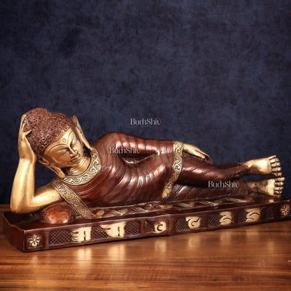 Brass Reclining sleeping Buddha Sculpture in Unique Dual Tone 20 inch - Budhshiv.com