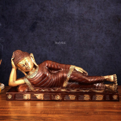 Brass Reclining sleeping Buddha Sculpture in Unique Dual Tone 20 inch - Budhshiv.com
