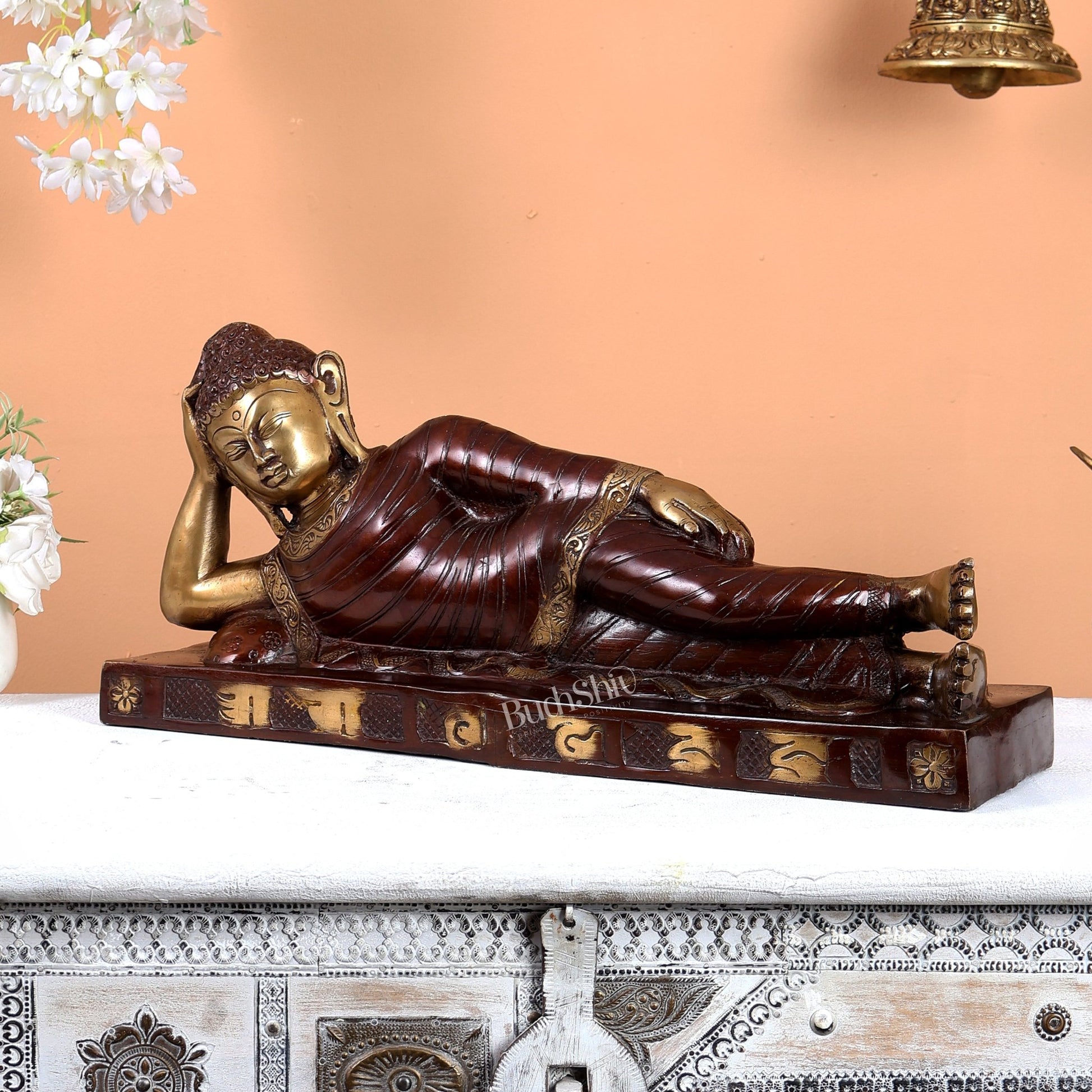 Brass Reclining sleeping Buddha Sculpture in Unique Dual Tone 20 inch - Budhshiv.com