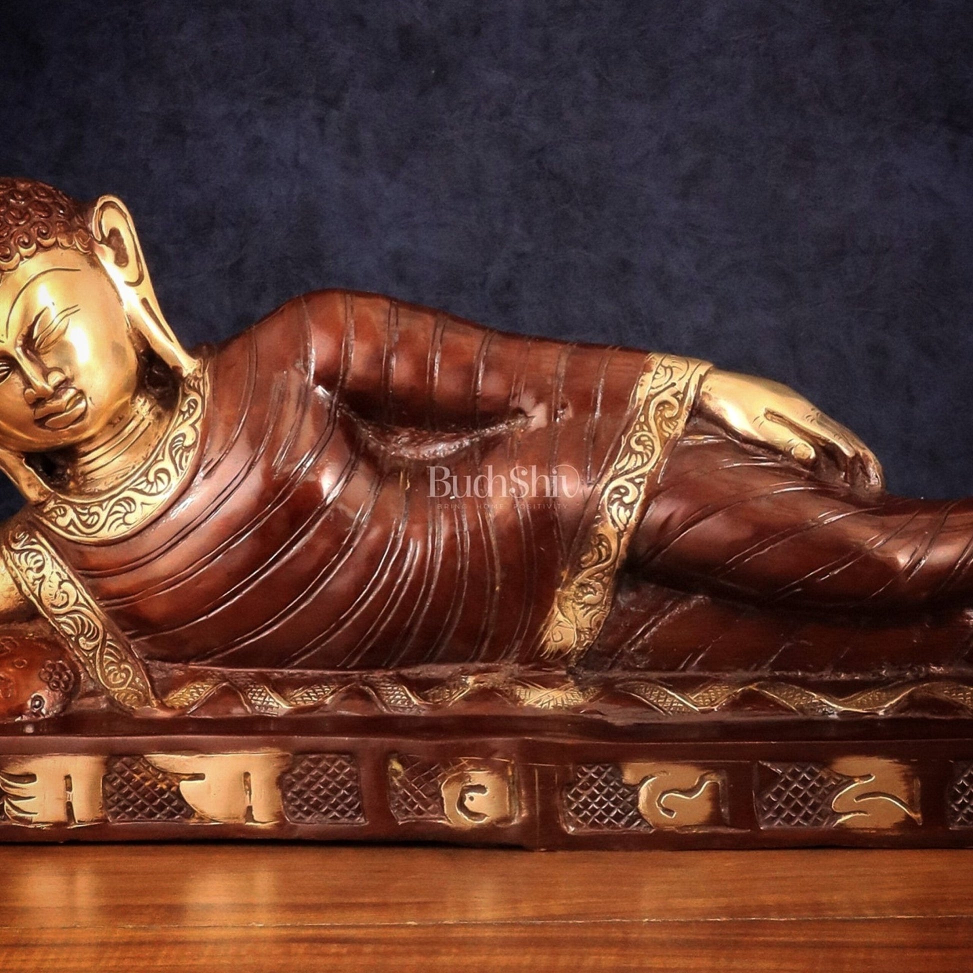 Brass Reclining sleeping Buddha Sculpture in Unique Dual Tone 20 inch - Budhshiv.com