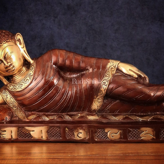 Brass Reclining sleeping Buddha Sculpture in Unique Dual Tone 20 inch - Budhshiv.com