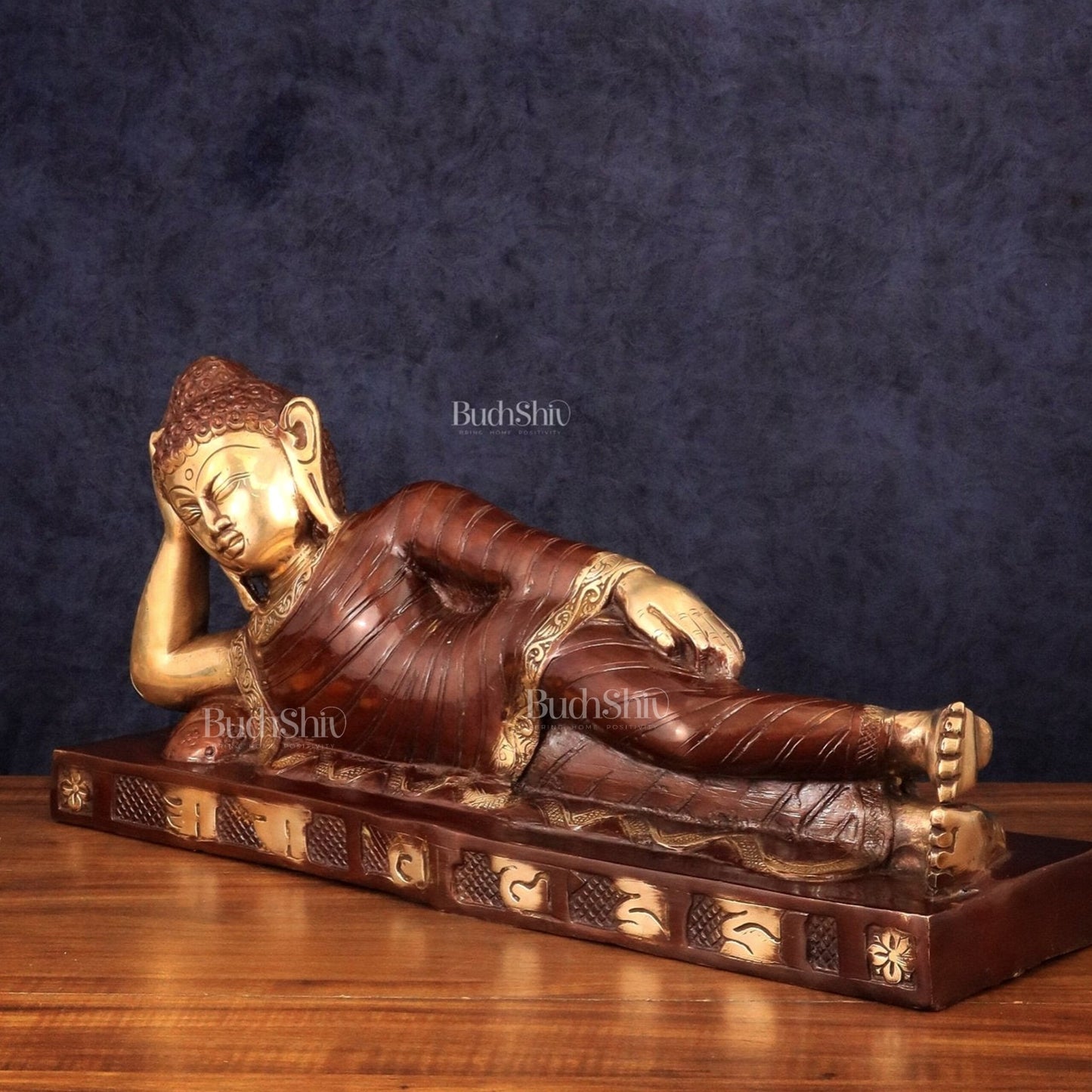 Brass Reclining sleeping Buddha Sculpture in Unique Dual Tone 20 inch - Budhshiv.com