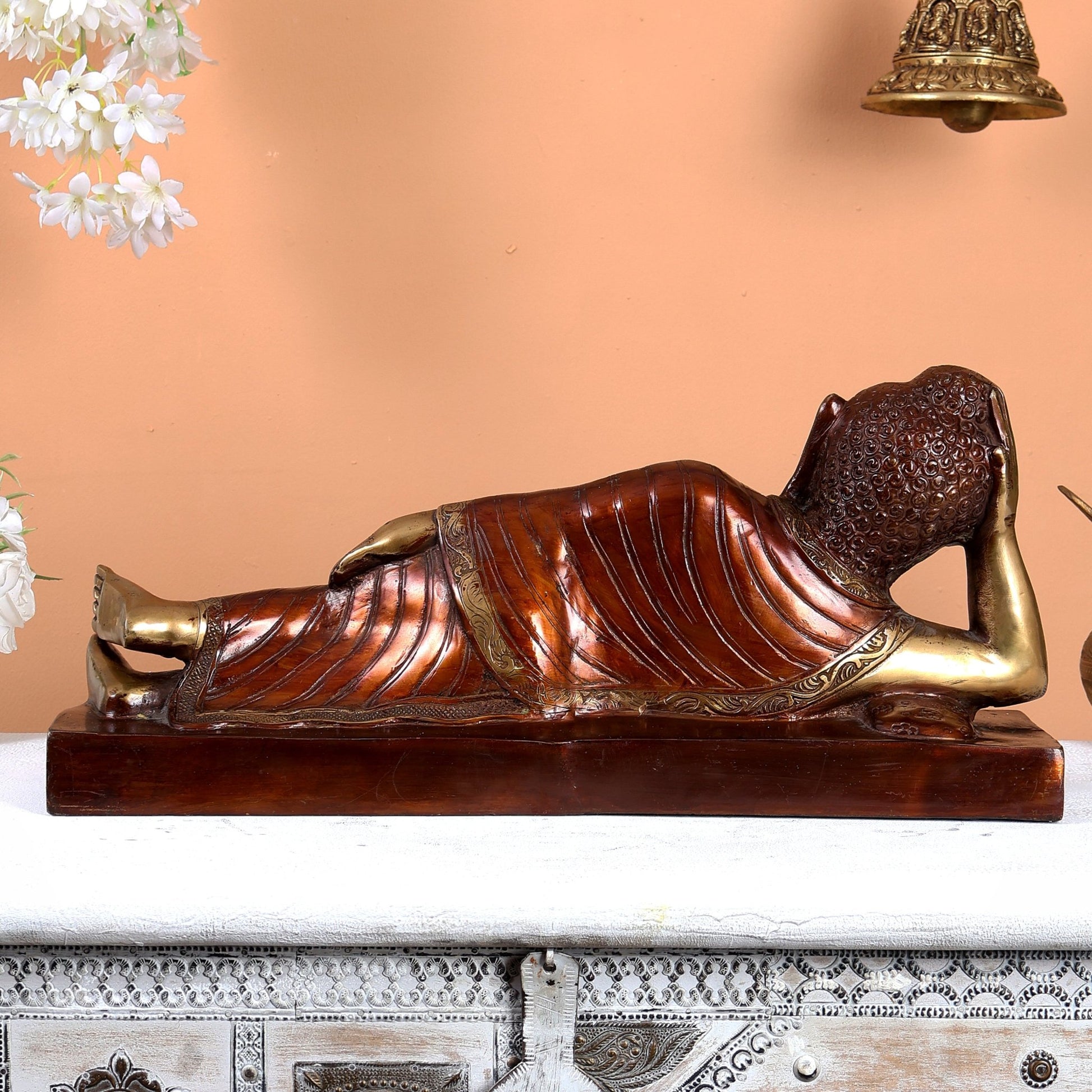 Brass Reclining sleeping Buddha Sculpture in Unique Dual Tone 20 inch - Budhshiv.com