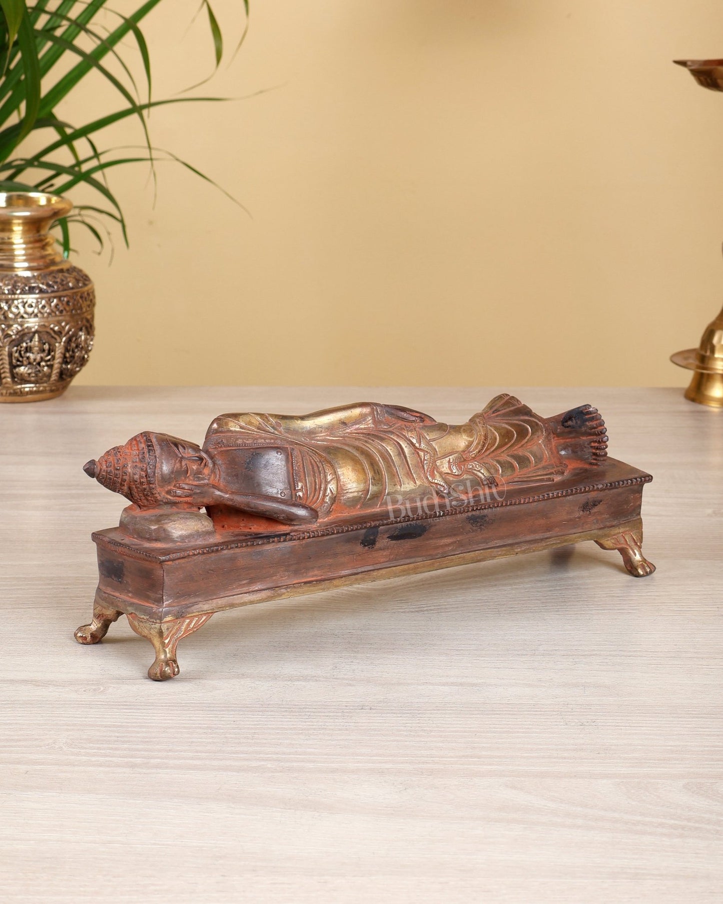 Brass Reclining Sleeping Buddha Statue – Black Silver Sand Finish Nirvana Buddha Sculpture 10" - Budhshiv.com