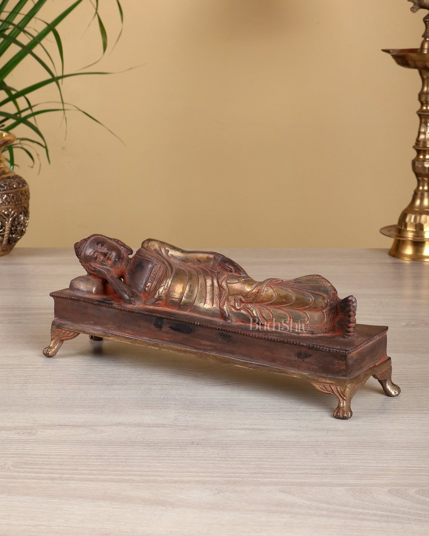 Brass Reclining Sleeping Buddha Statue – Black Silver Sand Finish Nirvana Buddha Sculpture 10" - Budhshiv.com