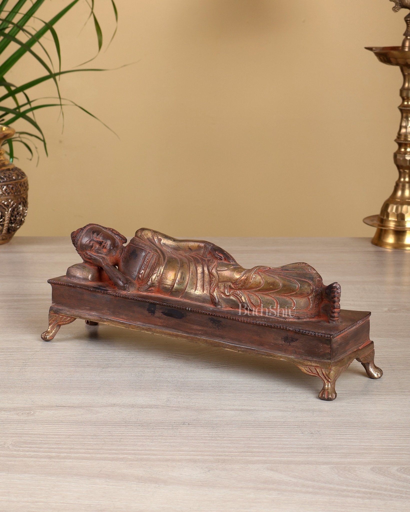 Brass Reclining Sleeping Buddha Statue – Black Silver Sand Finish Nirvana Buddha Sculpture 10" - Budhshiv.com