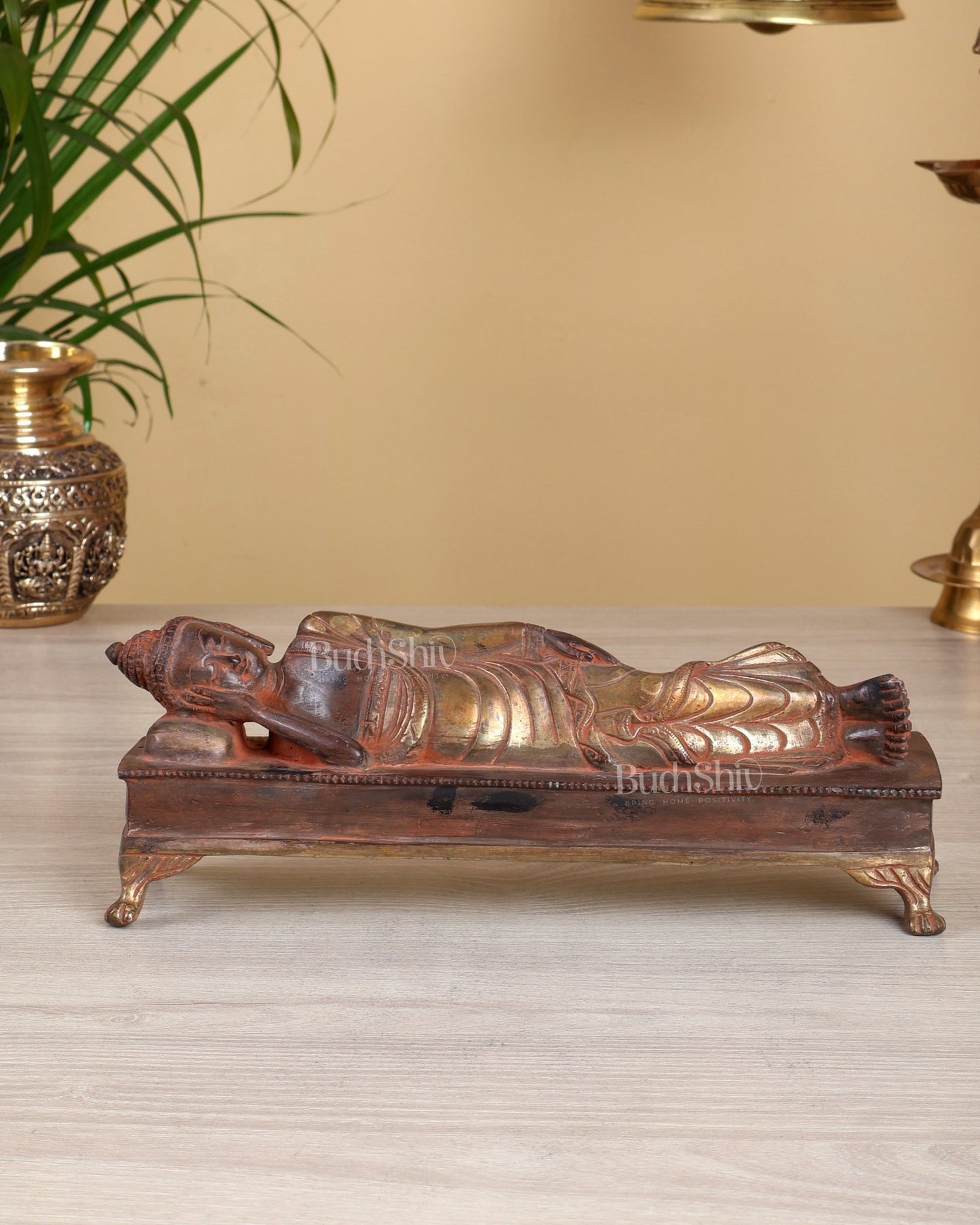 Brass Reclining Sleeping Buddha Statue – Black Silver Sand Finish Nirvana Buddha Sculpture 10" - Budhshiv.com